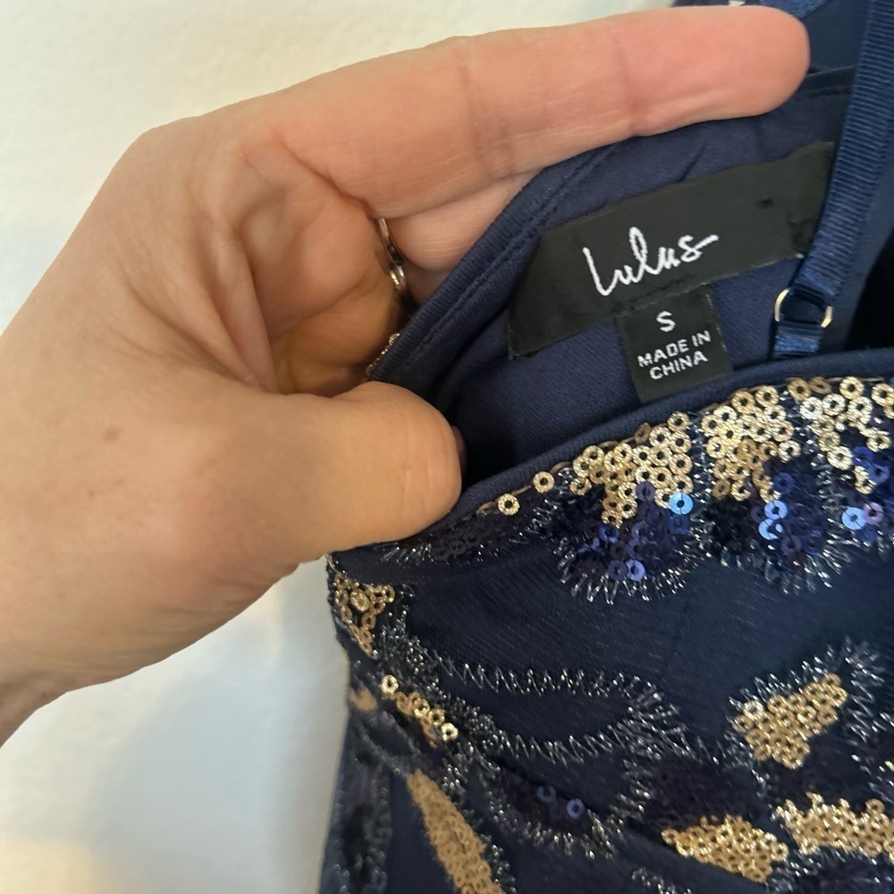 Lulus Small My Best Look Navy and Gold Sequin Surplice Bodycon
Mini Dress - Picture 8 of 12